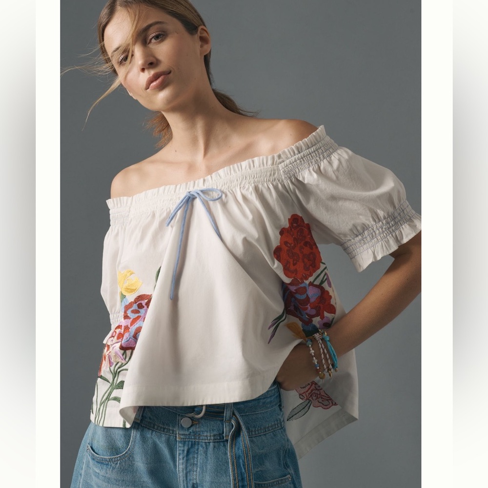 Nwt puffed sleeve tie front embroidered blouse anthro - Picture 1 of 10